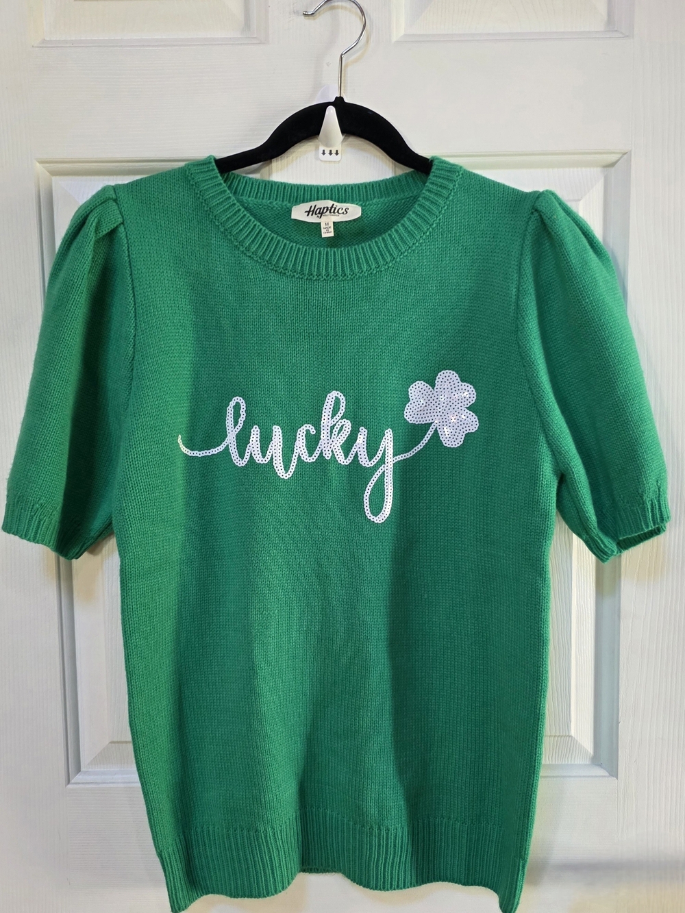 Haptics Green 'Lucky' Knit Top with Sequin Shamrock Size Medium